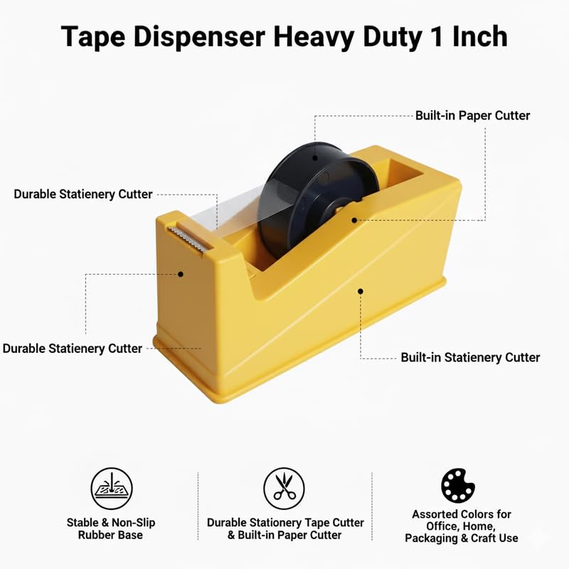 Tape Dispenser Heavy Duty 1 Inch | Durable Stationery Tape Cutter with Rubber Base | Stable & Non-Slip Tape Holder | Built-in Paper Cutter | for Office, Home, Packaging & Craft Use | Light Yellow 1