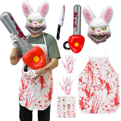 Disfraz Halloween Terror, Disfraz Halloween Hombre con Mascara Conejo, Delantal Ensangrentado, Guantes, Motosierra, Cuchillo Falso y Tatuaje Temporal, para Halloween Carnaval Fiesta de Disfraces