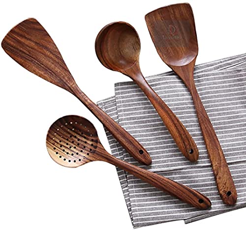 DecorDen Wooden Natural Cooking Spoon, Ladles & Turning Spatulas Handmade Wooden Non-Stick Serving and Cooking Spoon Kitchen Tools Utensil, Set of 6 (Neem Wood, Set of 4)