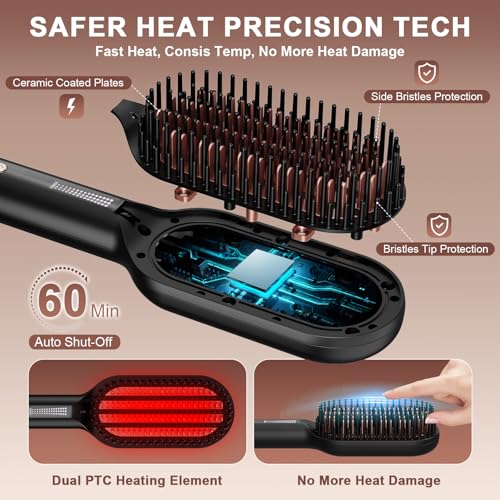 Ionic Hair Straightener Brush for Women, Anti-Frizz Straightening Brush with Dense Ceramic Bristles, 5 Heat Settings, Dual Voltage Hot Brush for Thick, Curly & Fine Hair, Easy Daily Styling - image 7