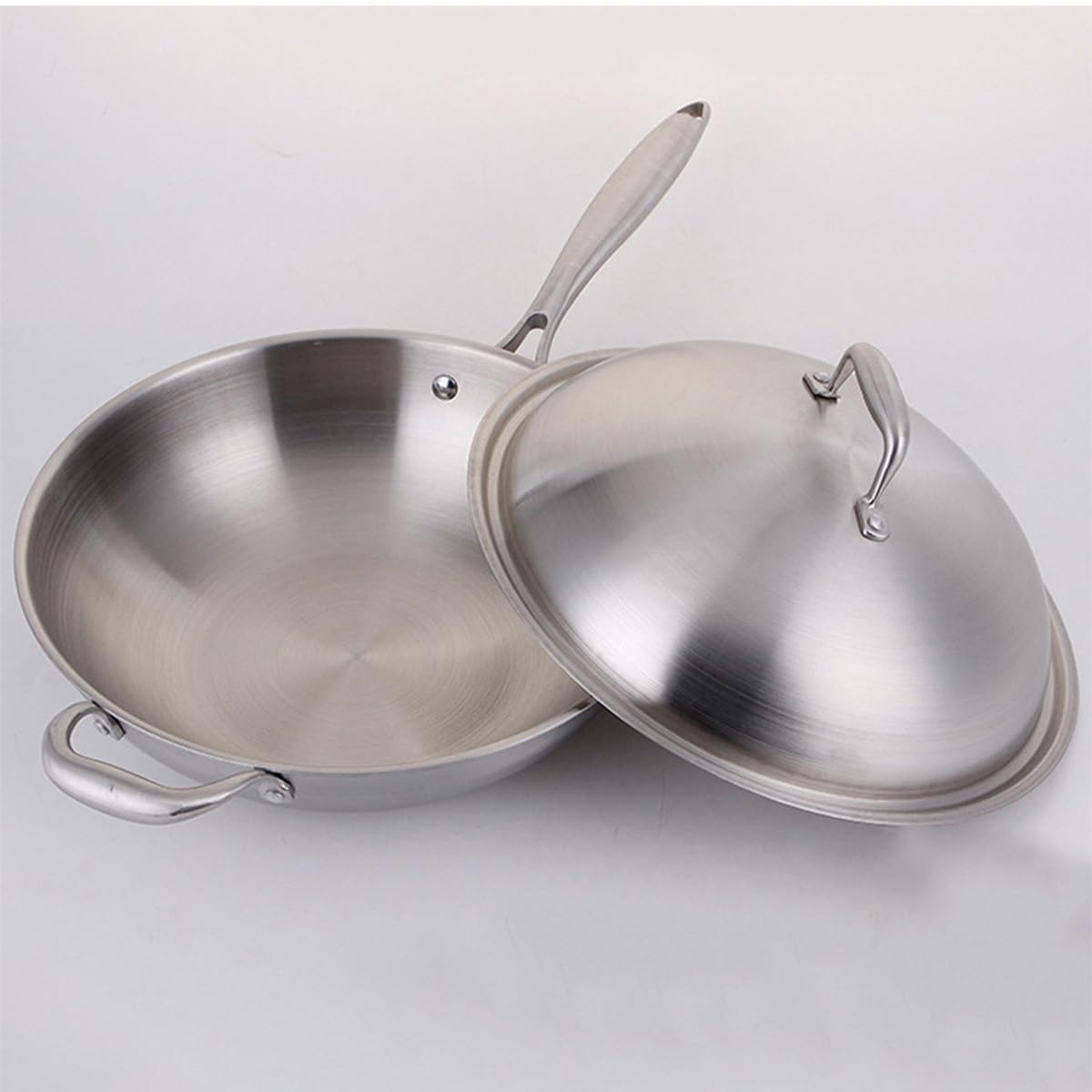 Padella wok antiaderente in acciaio inox da 34 cm, con coperchio, manico ergonomico, fondo piatto, compatibile con cottura a induzione, per mescolare e cuocere