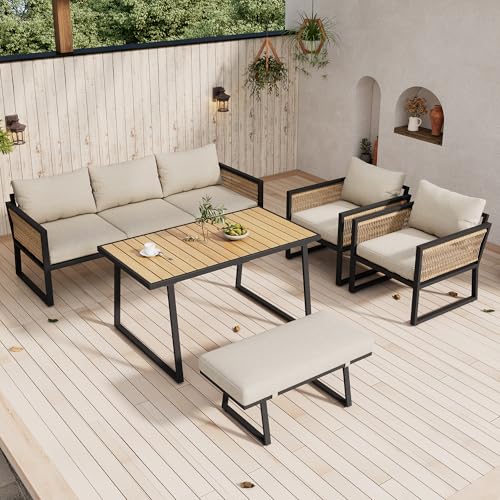 YESGIGA Juego de muebles de jardín, sofá de 3 plazas, 2 sillones, taburetes y mesa de comedor