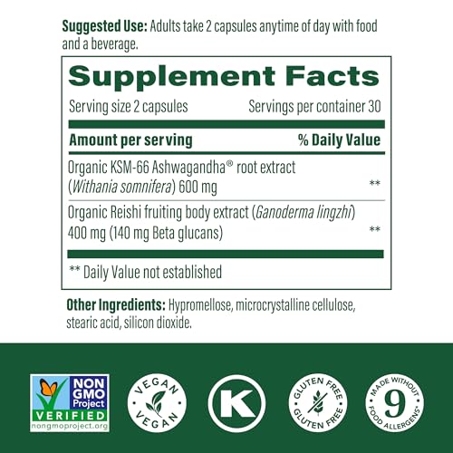 MegaFood Superfood Mushroom Stress Relief - Reishi Mushroom Supplement Clinically Studied to Reduce Stress - Doctor Formulated with Ashwagandha KSM 66 - Vegan, Gluten-Free - 60 Capsules, 30 Servings