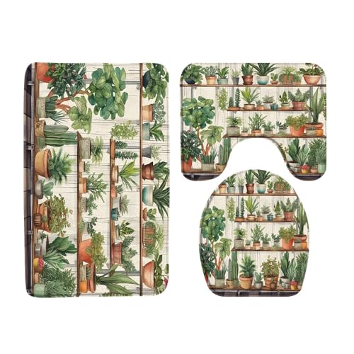 VPUPCN Potted Plants 3 Pcs Bath Rugs Set,Green Cactus Leaf Tropical Succulent Plant Boho Floral Botanical Greenhouse Bathroom Kitchen Rug with 16