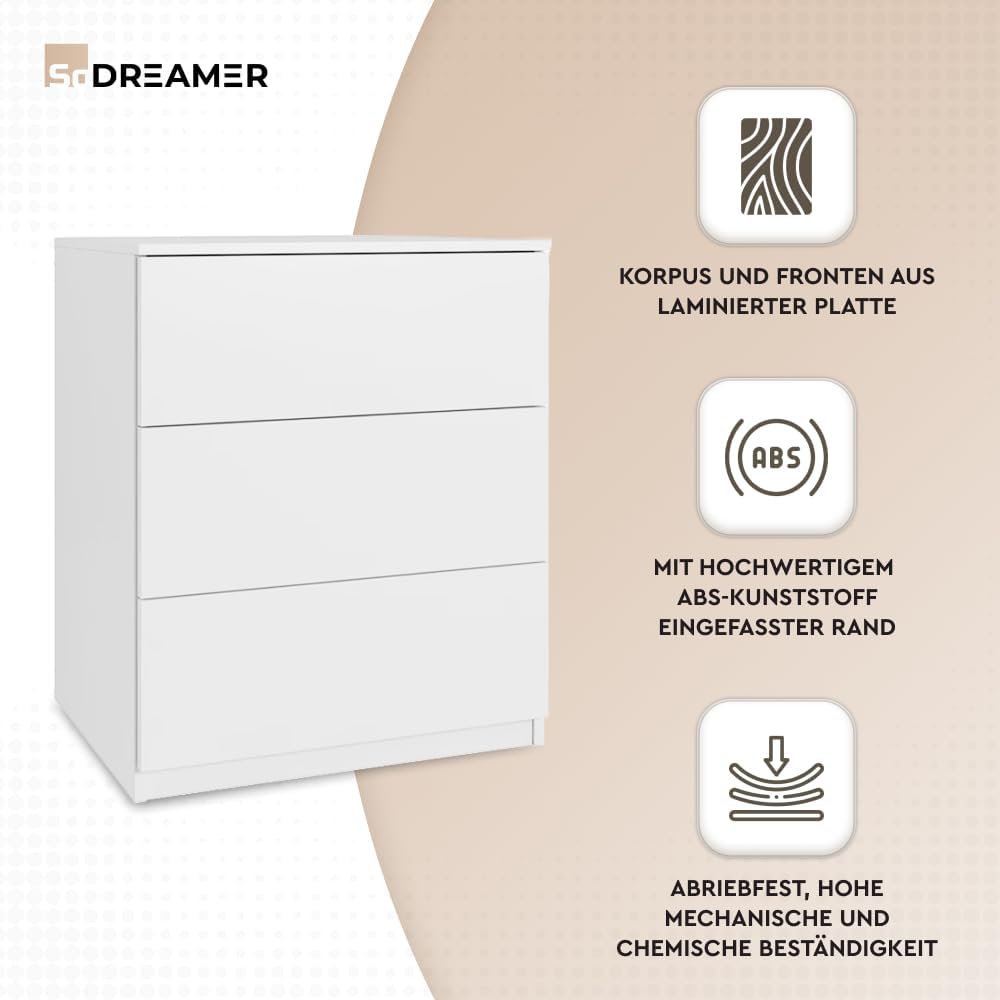 Kommode 3 Schubladen | Farbe: weiß | 80x60x50 cm | Schrank für Kleidung, Dokumente, kleine Gegenstände | Ideal für Schlafzimmer, Wohnzimmer, Kinderzimmer und Büro | 3 geräumige