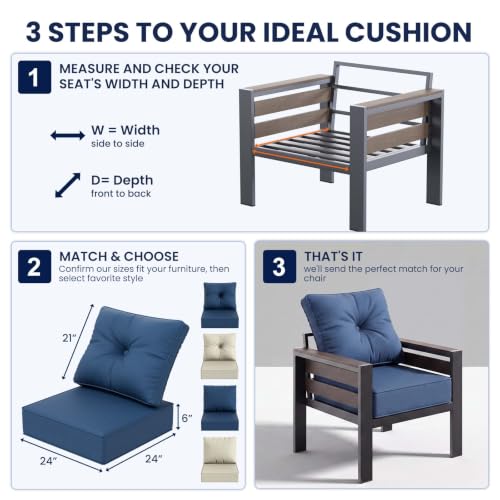 Image of DoCred Set of 2 Outdoor Chair Cushion, 6 inch Thick Patio Seat Cushion, Blue | 28D High Density Sponge Cushions & 7 inch Back Pillows with Fade and Water Resistant Cover for Patio Furniture Sofa Bench Swing