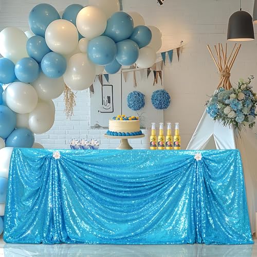 PartyDelight Turquoise Sequin Tablecloth 90x132 Inch Rectangular by PartyDelight - Used condition - Image 2