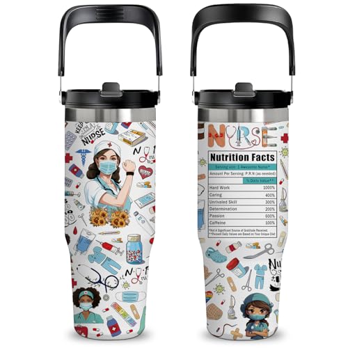 xiiai 30oz Nurse Tumbler for Women - Leak Proof Stainless Steel Travel Mug with Handle & Flip Straw