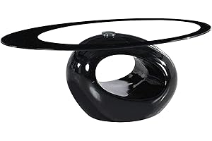 MDecor Oval Black Glass Coffee Table with Round Hollow Base - A...