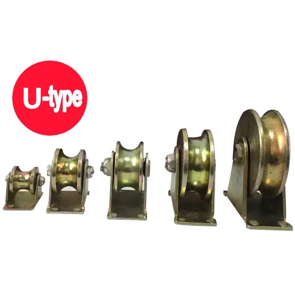 Rillenrad vom U-Typ, Schwerlast-Rigider aus farbigem Stahl mit Halterung, für umgekehrte Schiene, Rolltor, Industrie, Drahtseilschiene, Tragfähigkeit 200–1200 kg, 2 Stück (U-Typ 4 Zoll/100 mm)/V-Typ