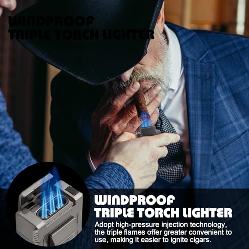 KEJIAR Cigar Torch Lighter, Windproof Refillable Butane Lighter with Cigar V Cutter, Cigar Punch, Cigar Holder, Cigar Draw Enhancer 5 in 1, Adjustable Triple Jet Flame Torch Lighters for Smoking - Thumbnail 4