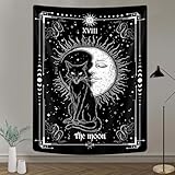 Gothic Black Cat Vertical Tapestry, Witchy Black and White Tarot Card Wing Bat Cat Cool Tapestries for Men, Moon Phases Aesthetic Anime Witchcraft Satanic Art Tapestry Wall Hanging for Bedroom Living Room Poster, 40X60Inch