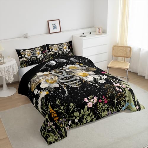 Image of Wildflower Bee Bedding Set for Boys Girl Full,Moon Phase Botanical Honeybee Kids Inner Fill Comforter Vintage Plant Nature Blossom Leaf Floral Garden Leaves Comforter Set,Bohemian Quilt Set Decor