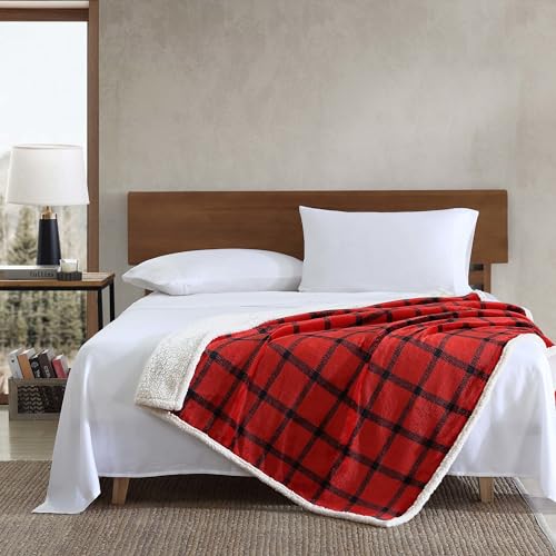 Image of Eddie Bauer - Throw Blanket, Brushed Fleece & Plush Sherpa Soft Bedding, Blanket for Couch & Bed (Bunkhouse Plaid Red, 50 inch x 60 inch)