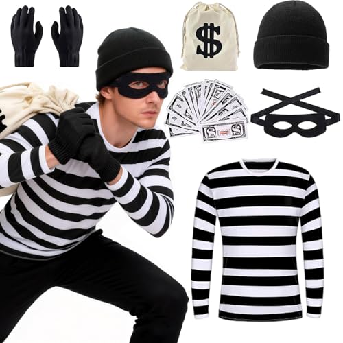 Antsparty Disfraz de depredador para hombre y mujer, disfraz de carnaval de ladrones, juego con camiseta, máscara de ojos, gorro, guantes, bolsillos, disfraz de ladrón para
