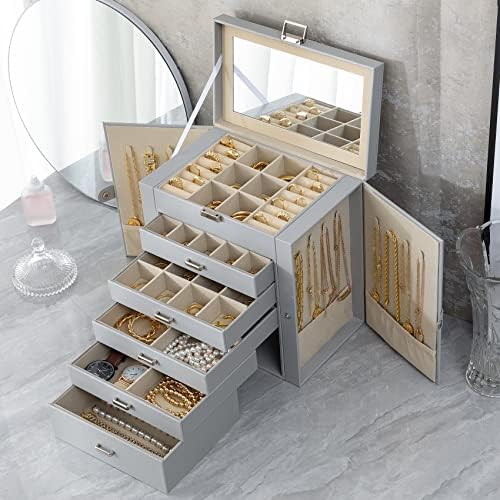 Jewellery Boxes Organiser for Women, 5 Layers PU Leather Large Jewellery Box Storage Case, Jewellery Box for Girls with Necklace Hangers Removable Compartment for Necklace Earrings Rings Jewelry Box