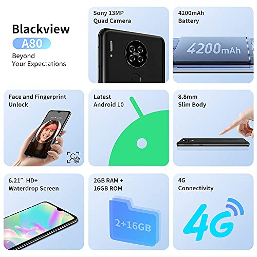 Smartphone-Libre-4G-Blackview-A80-621-HD-Pantalla-con-Camara-Cuadruple-13MP-16GB-ROM-128GB-SD-Bateria-4200mAh-Android-10-GO-Telefono-Movil-Barato-Dual-SIM-Huella-DigitalFace-IDGPSFM-Negro