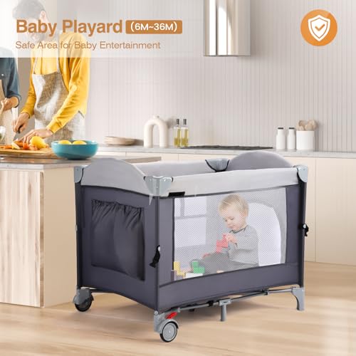 Image of JOYMOR 4 in 1 Pack and Play, Baby Bedside Bassinet, Sturdy Play Yard with Padded Mat and Music Center