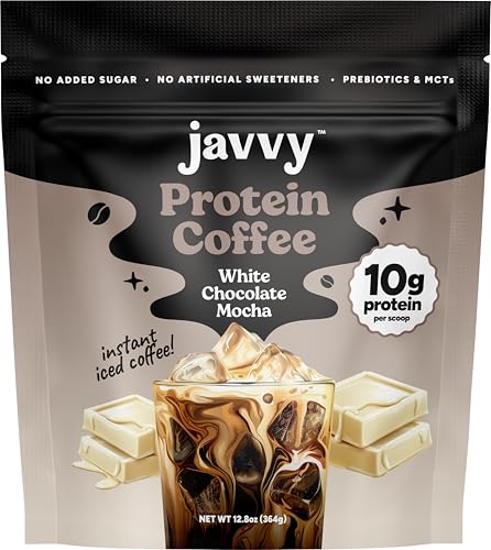 Image of Javvy Protein Iced Coffee - Premium Whey Protein & Iced Coffees, 100% Natural Cold Brew, Zero Artificial Flavors & Sweeteners, 80mg Caffeine, No Added Sugar, 20 Servings, White Choc Mocha Discontinued