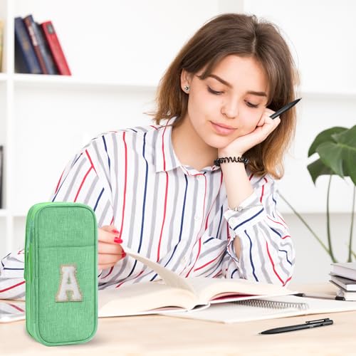 Image of Preppy Pencil Case for School Supplies, Large Initial Pencil Pouch with Zipper, Cute Pencil Bag for Office Supplies, Aesthetic Pen Case Box for Kids Teen Girls Women - G(Green)