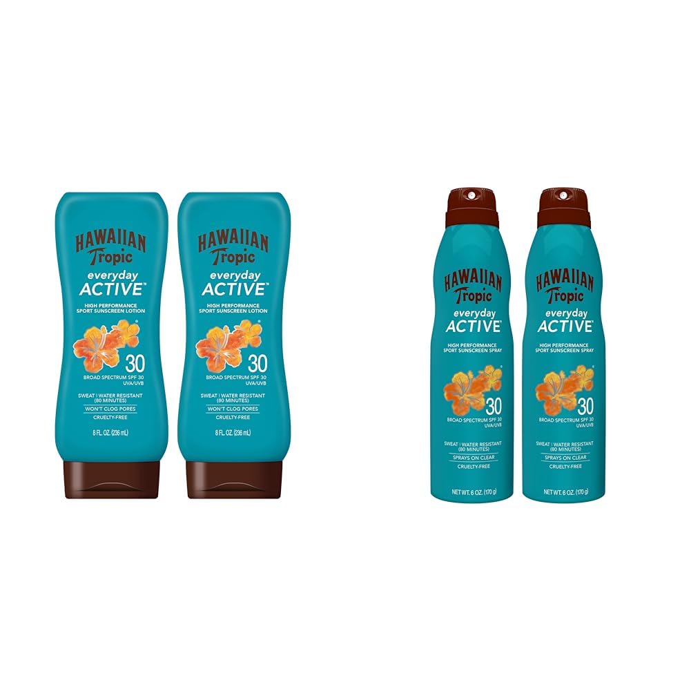 Hawaiian Tropic Everyday Active Lotion Sunscreen SPF 30 Twin Pack & Clear Spray Sunscreen SPF 30 Twin Pack