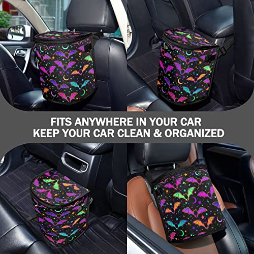 Image of Colorful Bats Car Trash Can Star Moon Black Car Garbage Bag with Lid Hanging Waterproof Leak Proof Vehicle Storage Bin