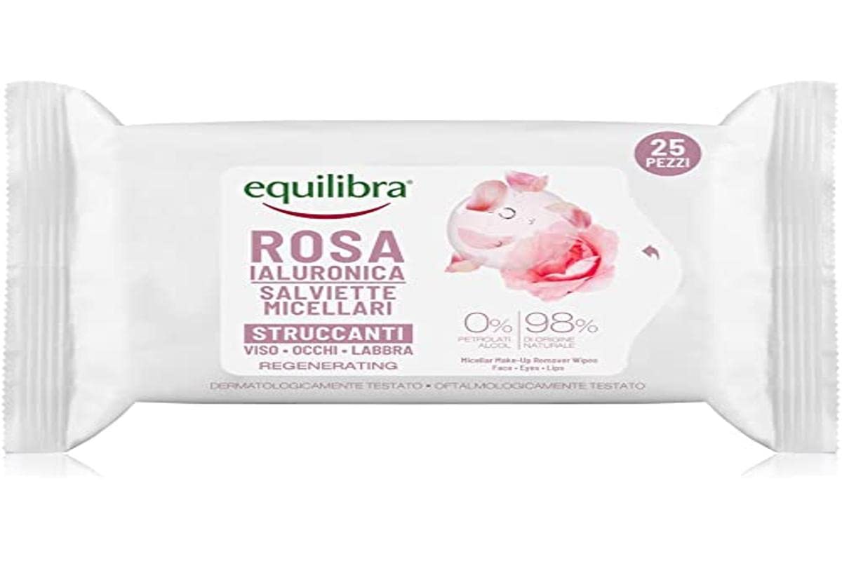 Equilibra Face, Hyaluronic Pink Wipes Micellari Structures, Fabric Weaving Wipes with Fermented Rose Water, Hyaluronic Acid and Plant Glycerin, Structure with Delicate, 25 Pieces