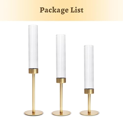 Miniatura 8 de Portavelas de cristal dorado de huracán portavelas de vidrio alto Cadhodenm para boda, juego de 3 portavelas cónicos de latón, portavelas moderno