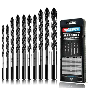 10-Piece Masonry Drill Bit Set for Concrete Tile Glass Ceramic Brick,1/8 to 1/2 Inch Drilling Bits with Triangle Handle,Tungsten Steel Alloy Tip.(Black)