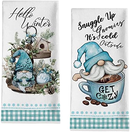 Seliem Hello Winter Gnome Joy Kitchen Dish Towel, Blue Buffalo Plaid Check Wood Tiered Tray It’s Cold Outside Tea Hand Drying Baking Cloth, Birdhouse Pine Cone Decor Home Decorations 18 x 28 2 Packs