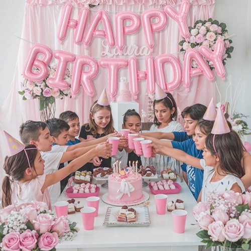 Image of Pink Happy Birthday Balloon Banner, 16 Inch Pastel Pearl Baby Pink Self Inflating Happy Birthday Mylar Foil Balloon, Birthday Bunting Banner Letter Balloons for Girls Women Birthday Party Decorations
