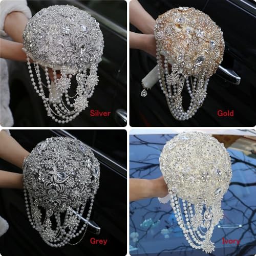Image of MaxxCloud Luxury Gatsby-Inspired Vintage Wedding Golden Brooch Bouquets Handmade Sliver Bling Glam Wedding Bridal Bouquet