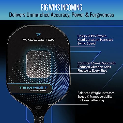 Paddletek Tempest Wave Pro Pickleball Paddle | Professional Pickleball Paddles with Carbon Fiber Surface, Tempest SRT Honeycomb Core & High Tack Performance Grip | USAPA Approved