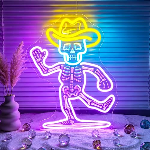Image of Purple&Yellow Neon Sign Led Neon Lights Signs for Wall Decor USB Powered Led Signs for Room Decoration-Cowboy Skeleton
