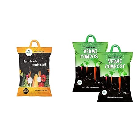 TrustBasket Enriched Organic Earth Magic Potting Soil Fertilizer for Plants, 5 Kg and Trust Basket Organic Vermicompost Fertilizer Manure for Plants - 10 Kg