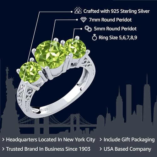 Gem Stone King Gemstone Birthstone 3-Stone Ring for Women in 925 Sterling Silver | Round 7MM and 5MM | Three Stone Wedding Engagement Anniversary Promise Ring with Filigree Band | Size 5-92