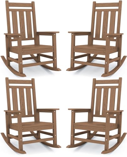Image of KINGYES Oversized Outdoor Rocking Chair Set of 4, HDPE Patio Rockers, Brown