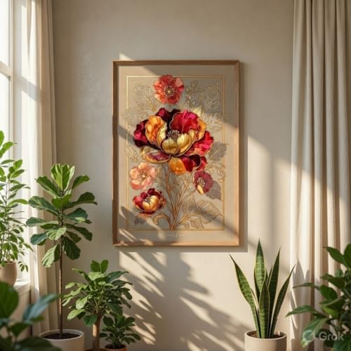 Image of SAF Golden Floral Wall Painting with Wooden Frame | Luxury Flower Artwork HD Wall Decor | Elegant Botanical Wall Art for Living Room Bedroom Office Home Decoration 13.5 Inch x 19.5 Inch