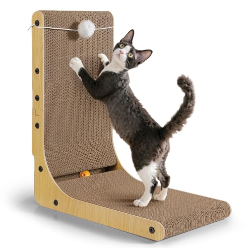 Gimars Griffoir Chat Carton en Forme de L 47 cm, Épais avec Boule à Grelot, Grande Taille à Fixer au Mur, Jouet pour Protéger Meubles et Canapés