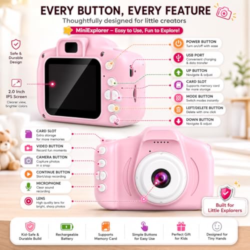 Image of MiniExplorer Mini Camera for Kids 3.0MP 1080P HD Video Digital Camera with 2-Inch Screen, USB Rechargeable Camera for Photo, Supports 32GB SD Card, Toys for Boys & Girls 7-14 Years - Pink