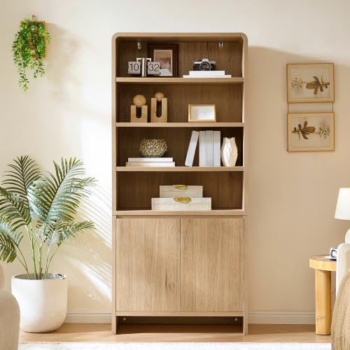 Image of AMERLIFE 71 inch Modern Wood Bookcase with Storage Cabinets, Nature Oak | 6 Tier Bookshelf, Large Space, Adjustable Shelves, Curved Design, Ideal for Living Room, Bedroom, Home Office, Easy Assembly