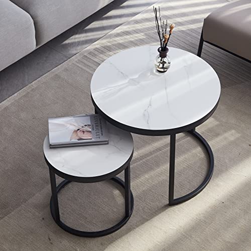 GrandCA HOME Juego de 2 Mesas Auxiliares Redondas, Mesas de Centro Nórdicas para Salón, Mármol Blanco thumbnail