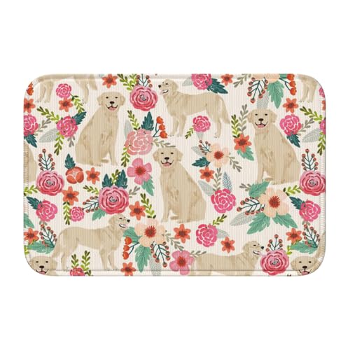 玄関マット ゴールデンレトリバー 花柄 バスマット 室内 屋外 足拭きマット カーペット おしゃれ 北欧 滑り止め付き 洗える ベットルーム 浴室 台所 寝室 業務用 家庭用 40×60cm