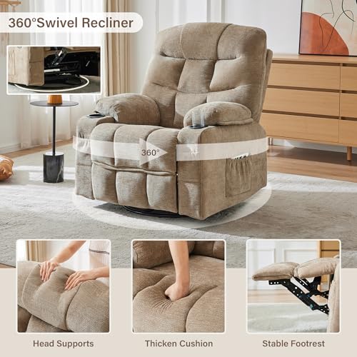 Image of Manual 360Swivel Rocker Recliner Chair,Single Recliner Seat with Cup Holders,Recliner Chairs for Adults, Upholstered Fabric Lazy Boy Recliner for Bedroom,Living Room,Brown