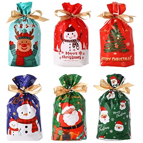 SHENGMEI 50Pcs Christmas Drawstring Gift Bags Set, 6 Different Designs Christmas Bags Wrapping Bags, Xmas gift bags for Xmas Holiday Party Presents Decoration Cover