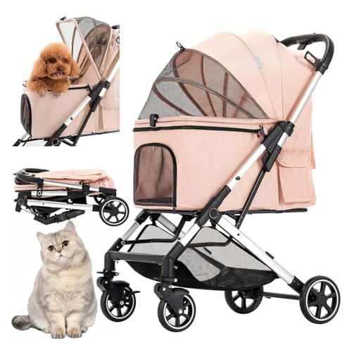 小型犬用 3-in-1 ペット用ベビーカー、ジッパー開閉不要のワンクリック折りたたみ式猫用ベビーカー、取り外し可能なキャリア付き子犬用猫用ベビーカー、軽量折りたたみ式,ピンク