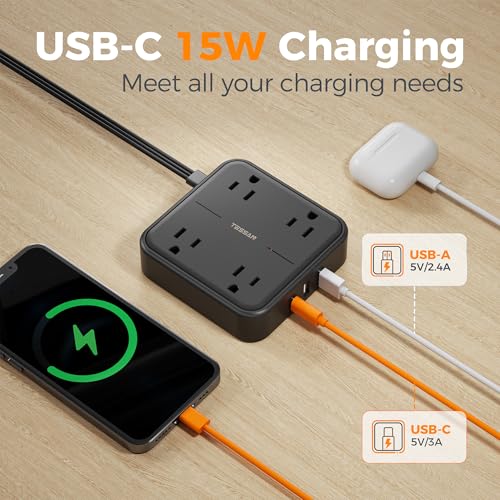 Surge Protector Flat Extension Cord 5FT, TESSAN Flat Plug Power Strip with 4 Outlets 3 USB C Ports (1 USB C), 900 Joules Protection, Multiple Wall Outlet Extender Suitable for Home Office Dorm, Black - Image 4