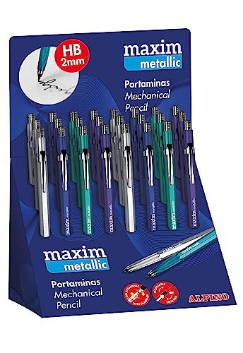 Alpino Expositor 24 Portaminas Maxim Metalix Portaminas recargable de 2mm con cuerpo metálico y afilaminas | Blíster con 12 minas HB gratis | Colores metálicos