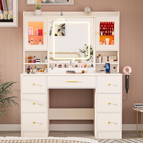 GRANTLEY RGB Vanity Desk with Mirror & Power Outlets, Makeup Vanity Table