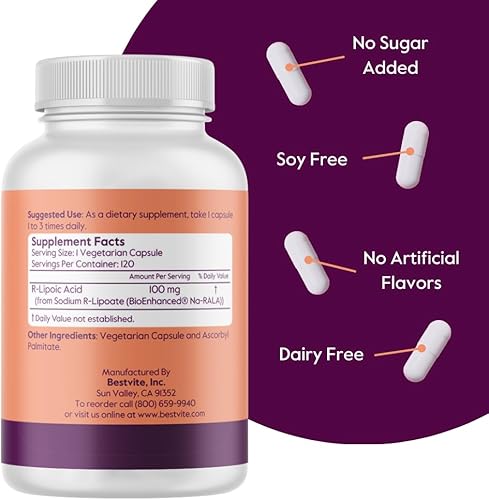 Miniatura 3 de Ácido R-lipoico 100 mg estabilizado con Bio-Enhanced Na-RLA (240 cápsulas vegetarianas) (120 x 2) sin estearatos, sin agentes de flujo, vegano, sin